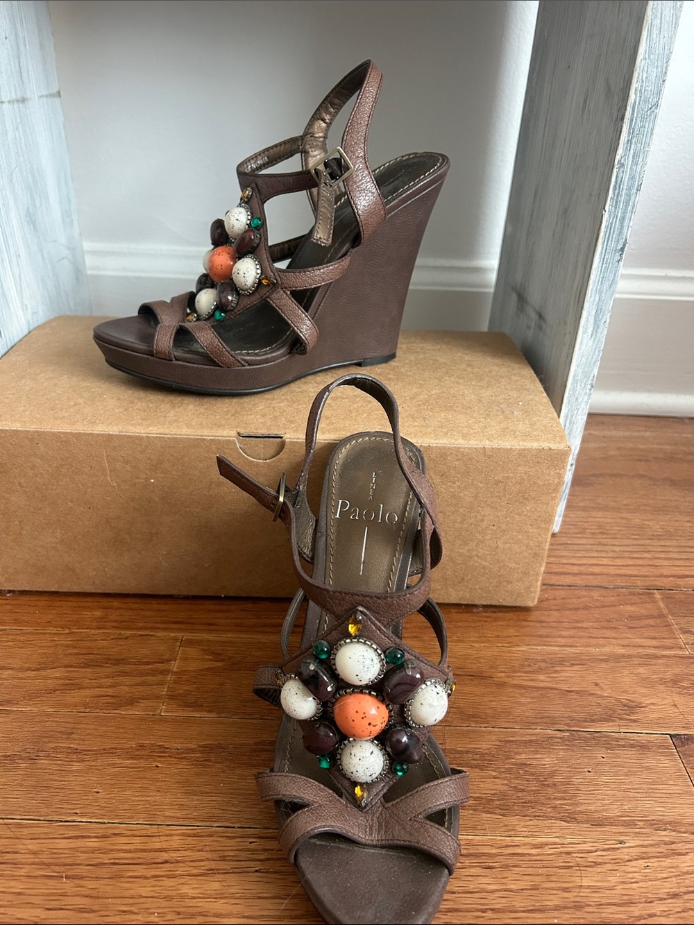 Paolo Brown Beaded Wedge Sandals with Multicolor Accents